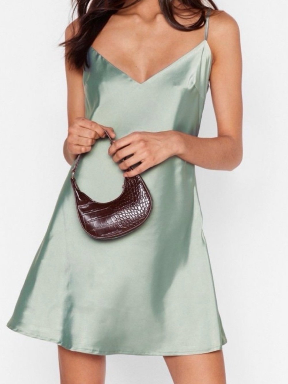 Nasty Gal Satin Slip Mini Dress in Sage